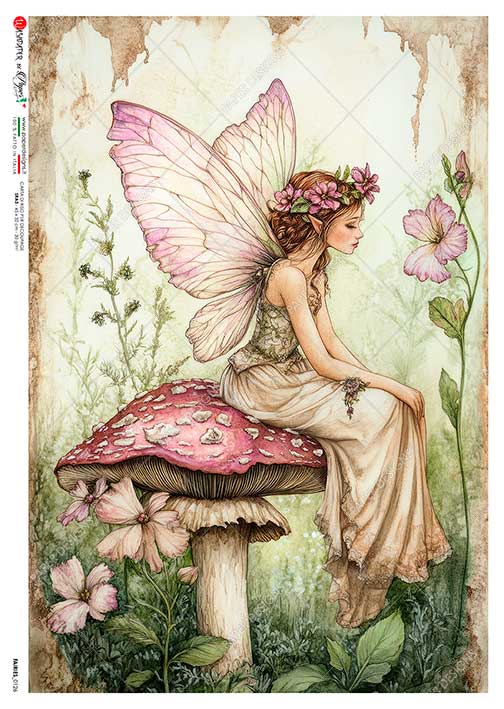 Paper Designs, Rice Paper, Fairy, Mushroom, Floral, Shabby Chic, Vintage Style, Decoupage, Mixed  Media, 0126, A4, 8.3" X 11.7"