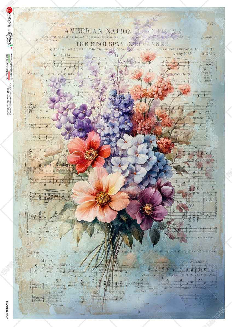 Paper Designs, Rice Paper, Soft Floral Arrangement, Flowers, Sheet Music, Shabby Chic, Vintage, Decoupage, Mixed Media, 0437 A4 8.3 x 11.7