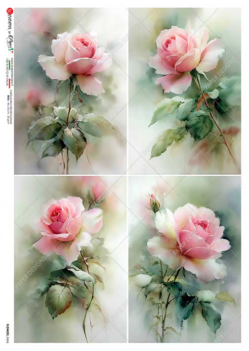 Paper Designs Italian Rice Paper, Pink Roses, Shabby Chic, A4, Decoupage, Scrapbooking, Mixed Media, Crafts