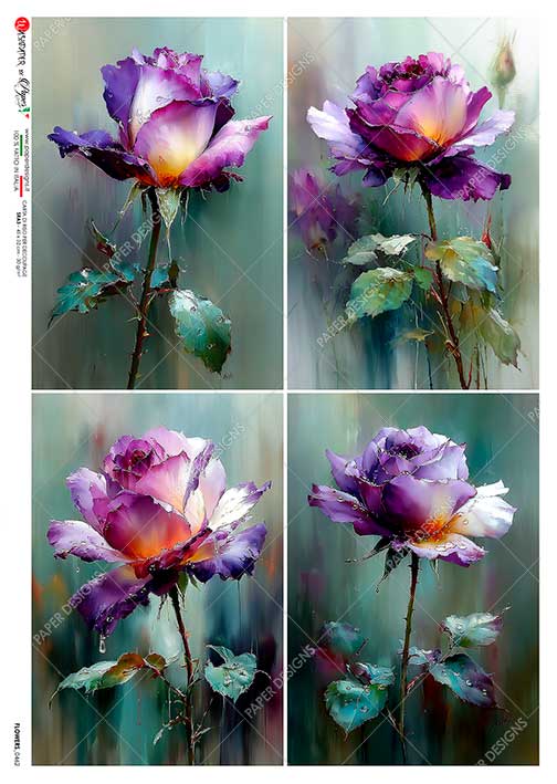 Paper Designs Italian Rice Paper, Purple Roses, Shabby Chic, A4, Decoupage, Scrapbooking, Mixed Media, Crafts