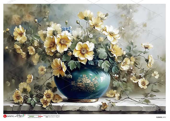 Paper Designs Italian Rice Paper, White Flowers in Blue Vase, Shabby Chic, A4, A3 Decoupage, Scrapbooking, Mixed Media, Crafts