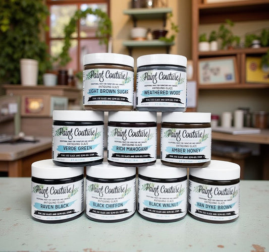 Paint Couture, Glaze, Water-based, metallic, Wood Stain, Top coat, Self-leveling, Antiqued Aged Look, 1 oz