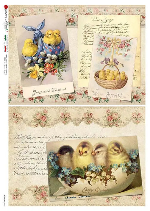 Paper Designs, Rice Paper, Easter, Cards, Chicks, Eggs, Squares, Vintage Style, 0103, A4 8.3" X 11.7", Decoupage, Mixed Media Paper Designs