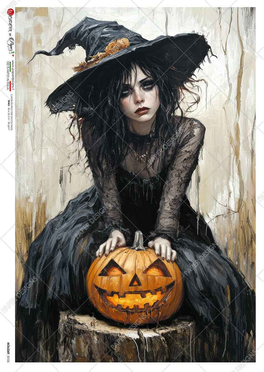 Paper Designs, Rice Paper, 2024 Release, Halloween, Gothic Witch, Jack O Lantern, Decoupage, Mixed  Media, 0155 A4 8.3" X 11.7"