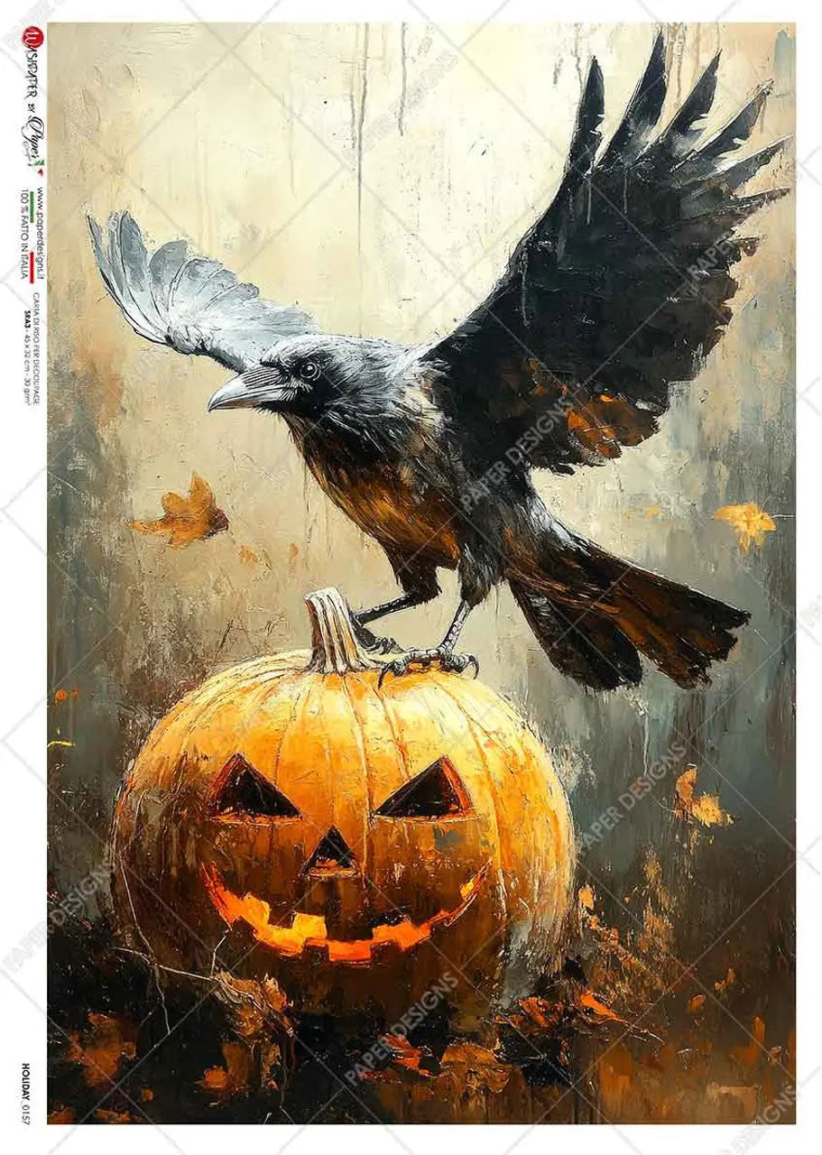 Paper Designs, Rice Paper, 2024 Release, Halloween, Jack-O-Lantern, Raven, Pumpkin, Decoupage, Mixed Media, 0157, A4 8.3" X 11.7" Paper Designs