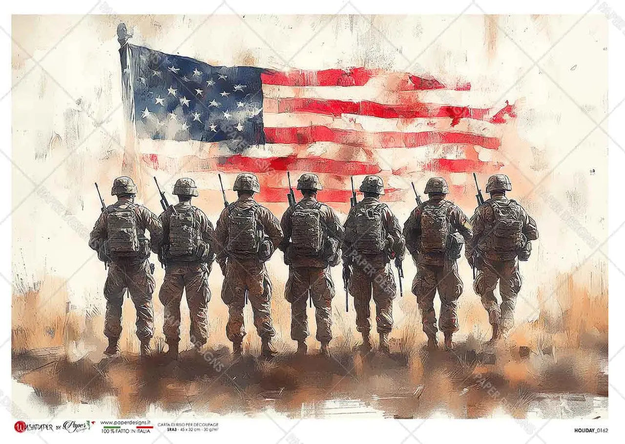 Paper Designs, Rice Paper, 2024 Release, Watercolor, Soldiers, Patriotic, American Flag, 0162, A4, 8.3" X 11.7", Decoupage, Mixed Media Paper Designs