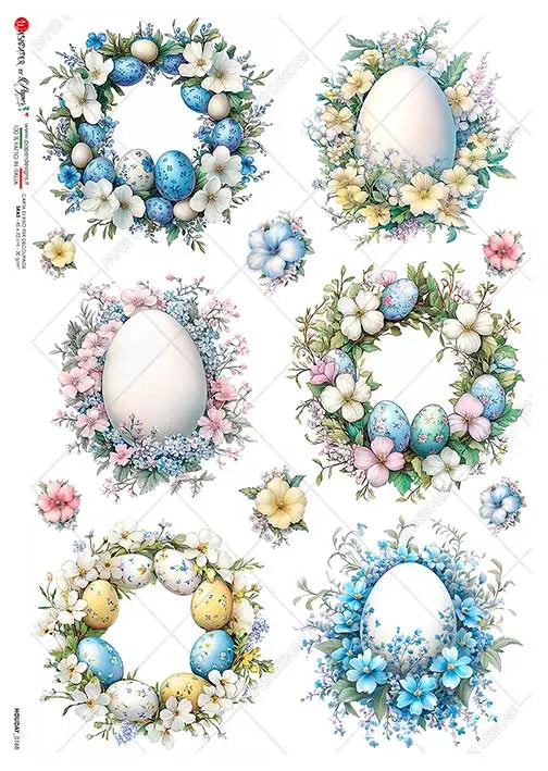 Paper Designs, Rice Paper, Easter, Eggs, Floral, Wreaths, Rounds, A4 8.3" X 11.7", Decoupage, Mixed Media, Crafts, HOLIDAY-0168 Paper Designs