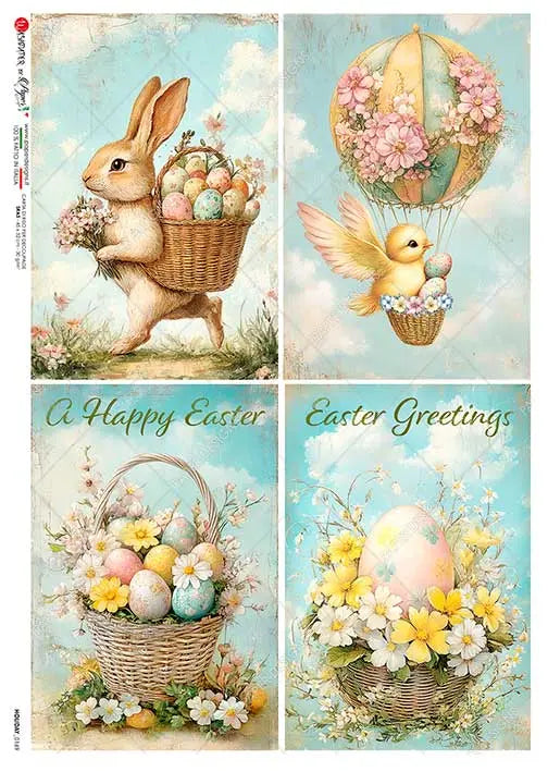Paper Designs, Rice Paper, Easter, Bunnies, Baskets, Baskets, Eggs, Vintage Cards, A4 8.3" X 11.7", Decoupage, Mixed Media, Crafts Paper Designs