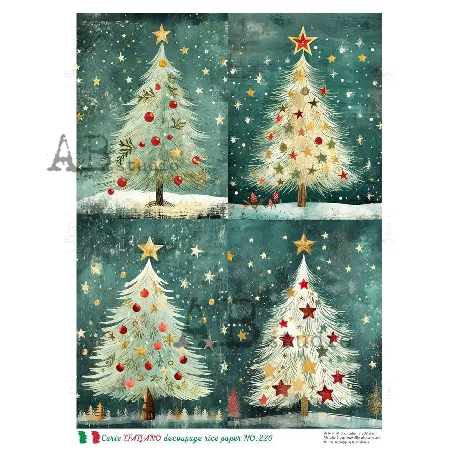 AB Studio, Rice Paper, Christmas Trees, Carte Italiano, Water Color, Holiday Decoration, NO-220, A4 8.27 x 11.69, Mixed Media, Decoupage AB Studio