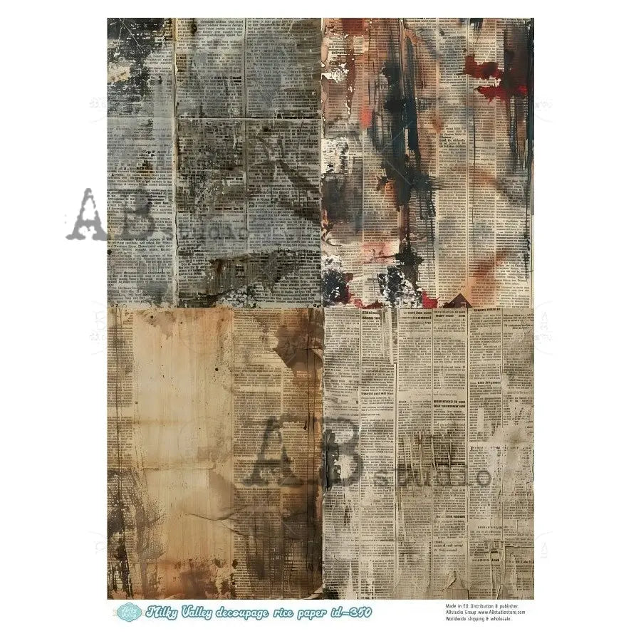 AB Studio, Rice Paper, Milky Valley, Vintage Style, Black, Brown Background, Squares, ID-350 A4 8.27 x 11.69, Mixed Media, Decoupage AB Studio