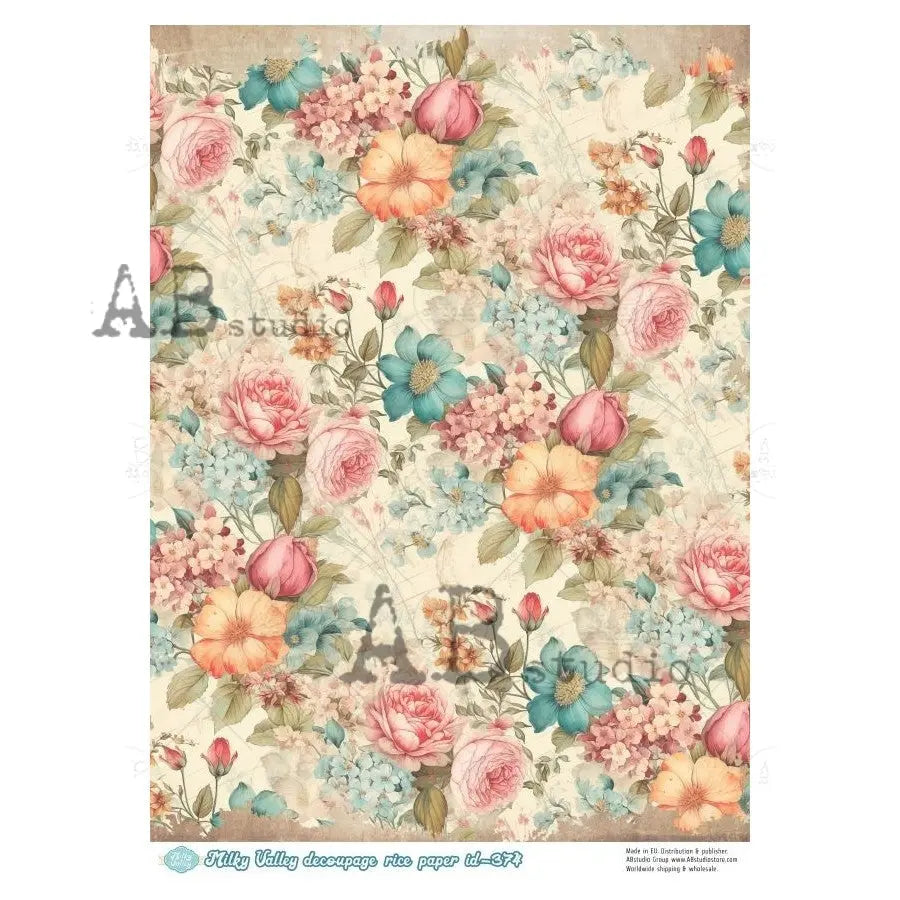 AB Studio, Rice Paper, Milky Valley, Pink Flowers, Roses, Wallpaper, Background, Shabby Chic, ID-374 A4 8.27 x 11.69, Mixed Media, Decoupage AB Studio