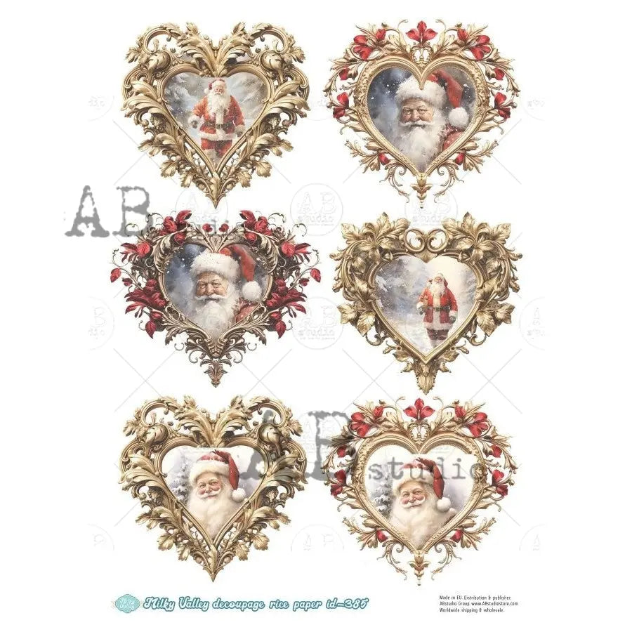 AB Studio, Rice Paper, Milky Valley, Christmas, Santa, Heart, Frames, Ornaments, Vintage, ID-385, A4, 8.27 x 11.69, Mixed Media, Decoupage AB Studio