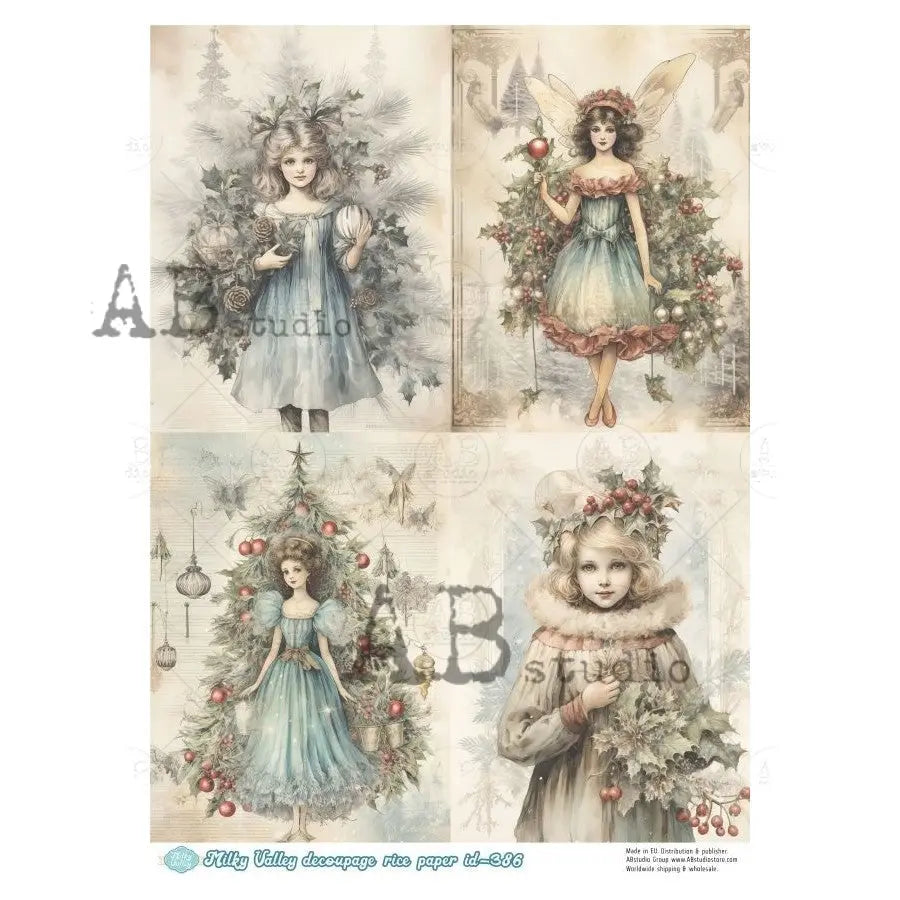 AB Studio, Rice Paper, Milky Valley, Christmas, Fairies, Angels, Girls, Squares, Shabby Chic, AB-386 A4 8.27 x 11.69, Mixed Media, Decoupage AB Studio