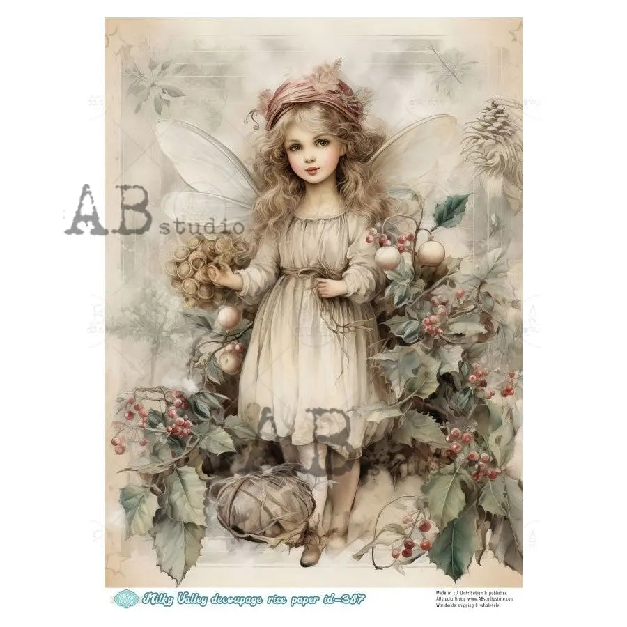 AB Studio, Rice Paper, Milky Valley, Christmas, Fairy, Angel, Girl, Shabby Chic, ID-387, A4, 8.27 x 11.69, Mixed Media, Decoupage AB Studio