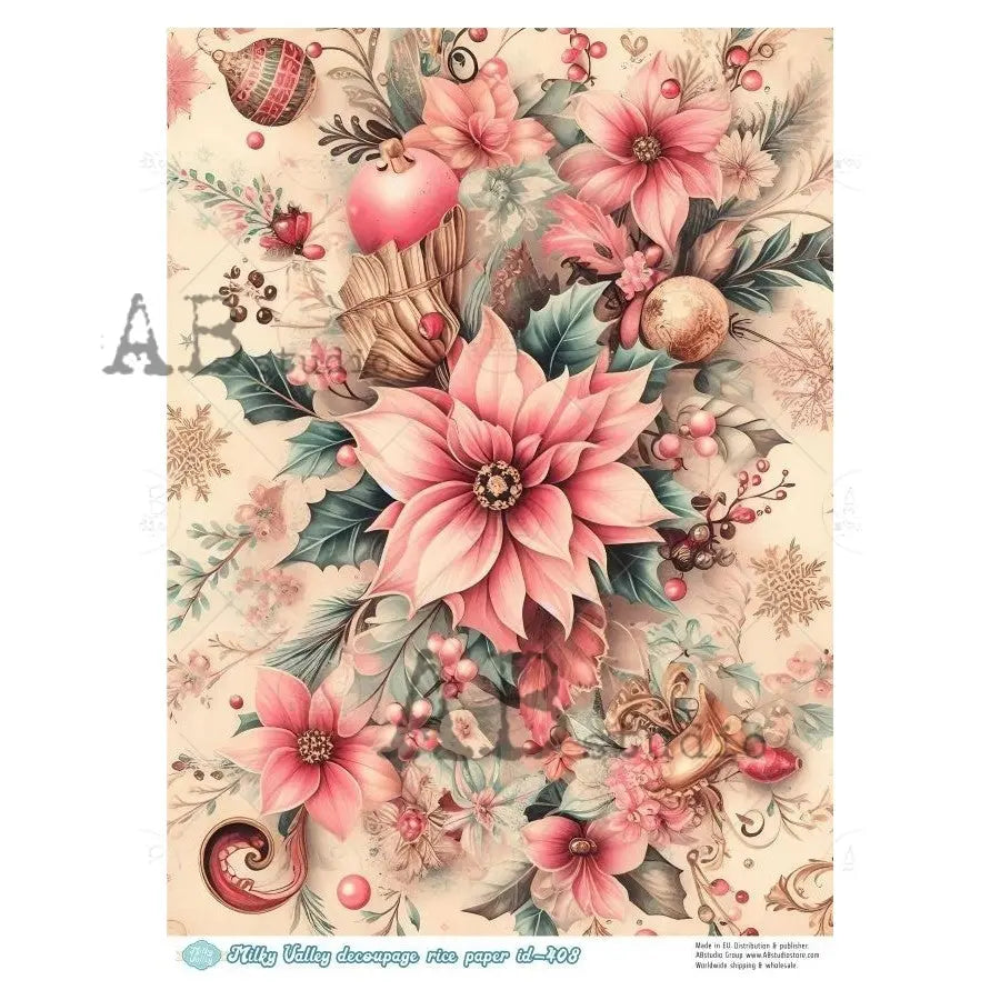 AB Studio, Rice Paper, Milky Valley, Christmas, Pink Flowers, Poinsettia, Shabby Chic, ID-408, A4, 8.27 x 11.69, Mixed Media, Decoupage AB Studio