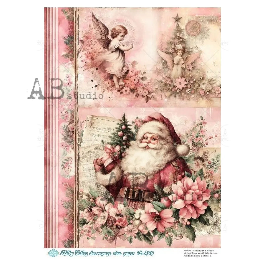 AB Studio, Rice Paper, Milky Valley, Christmas, Santa, Pink Flowers, Angel, Shabby Chic, ID-409, A4, 8.27 x 11.69, Mixed Media, Decoupage AB Studio