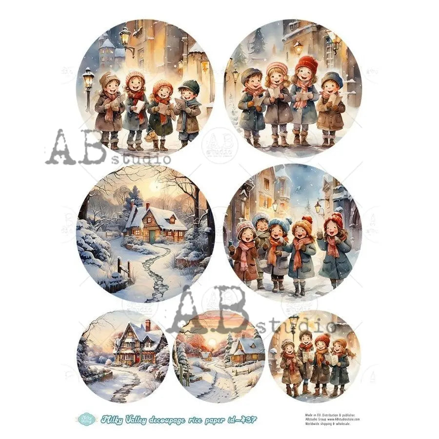 AB Studio, Rice Paper, Christmas, Milky Valley, Children, Singing Carolers, Rounds, Ornaments, ID-437 A4 8.27 x11.69, Mixed Media, Decoupage AB Studio