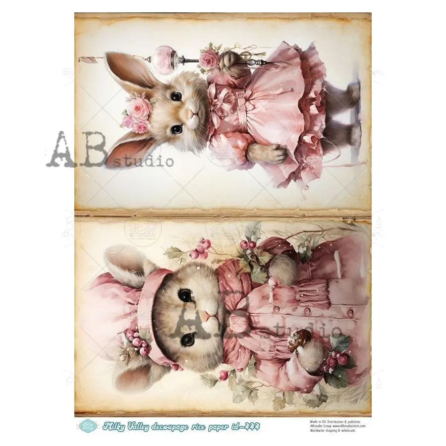 AB Studio, Rice Paper, Christmas, Milky Valley, Rabbits, Pink Dresses, Shabby Chic, ID-444, A4, 8.27 x 11.69, Mixed Media, Decoupage AB Studio