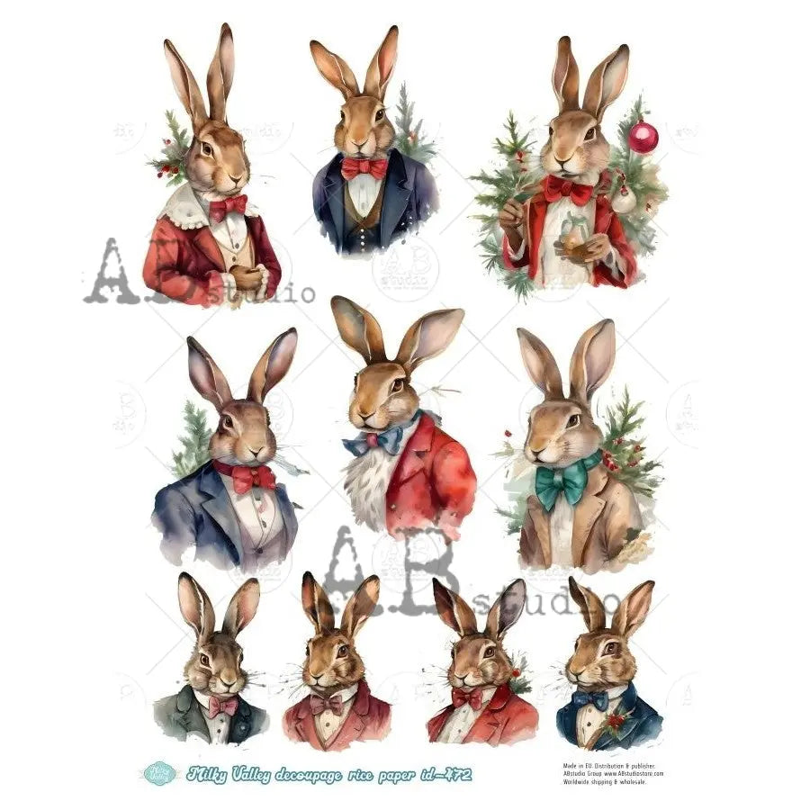 AB Studio, Rice Paper, Christmas, Milky Valley, Rabbits, Vintage Style, Ornaments, A4, 8.27 x 11.69, Mixed Media, Decoupage, ID-472 AB Studio