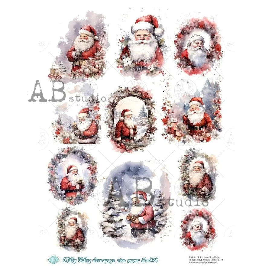 AB Studio, Rice Paper, Christmas, Milky Valley, Santa, Wreaths, Rounds, A4, 8.27 x 11.69, Mixed Media, Decoupage, Imported Poland, ID-474 AB Studio