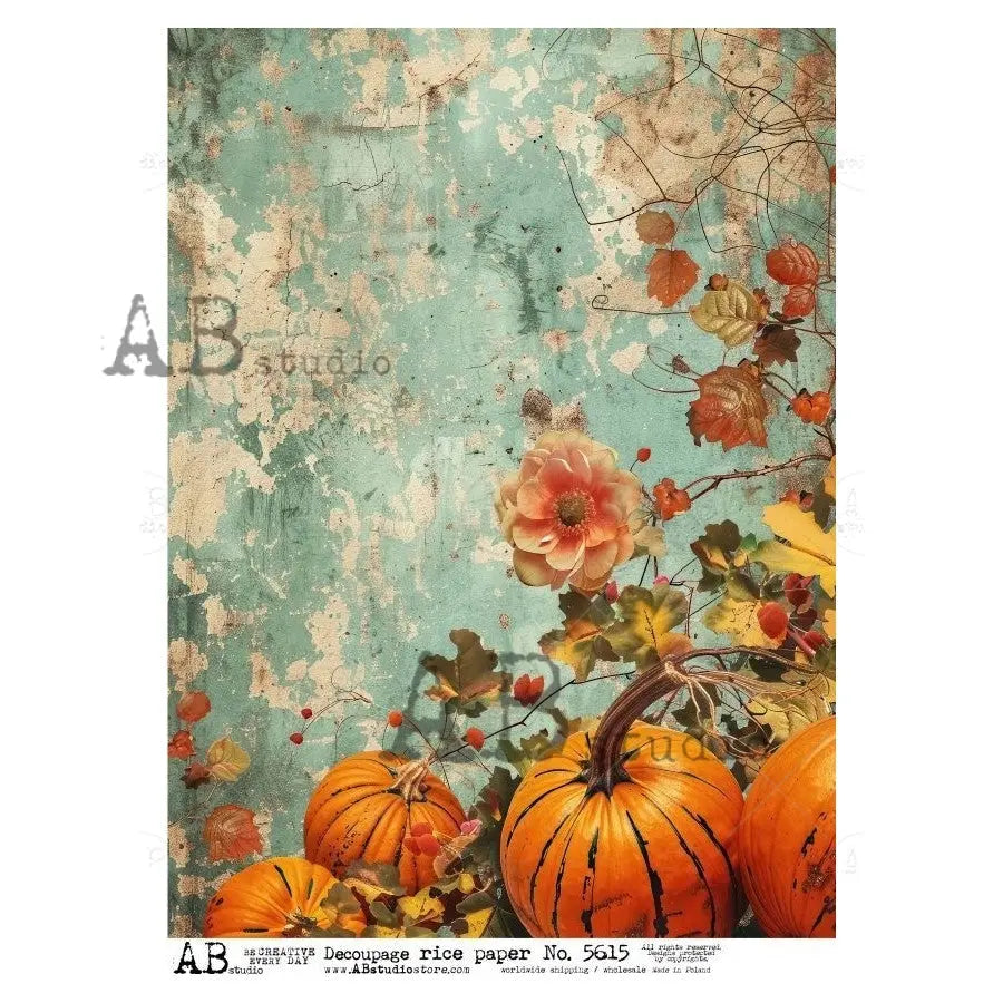 AB Studio, Rice Paper, Thanksgiving, Pumpkins, Background, Wallpaper, Fall, Vintage Style, ID-5615, A4 8.27 x11.69, Mixed Media, Decoupage AB Studio