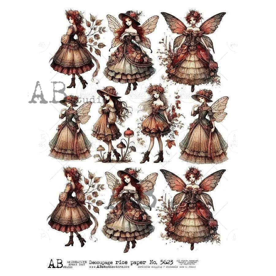 AB Studio, Rice Paper, Christmas, Little Fairies, Vintage Style Dresses, Ornaments, A4, 8.27 x 11.69, Mixed Media, Decoupage, ID-5623 AB Studio