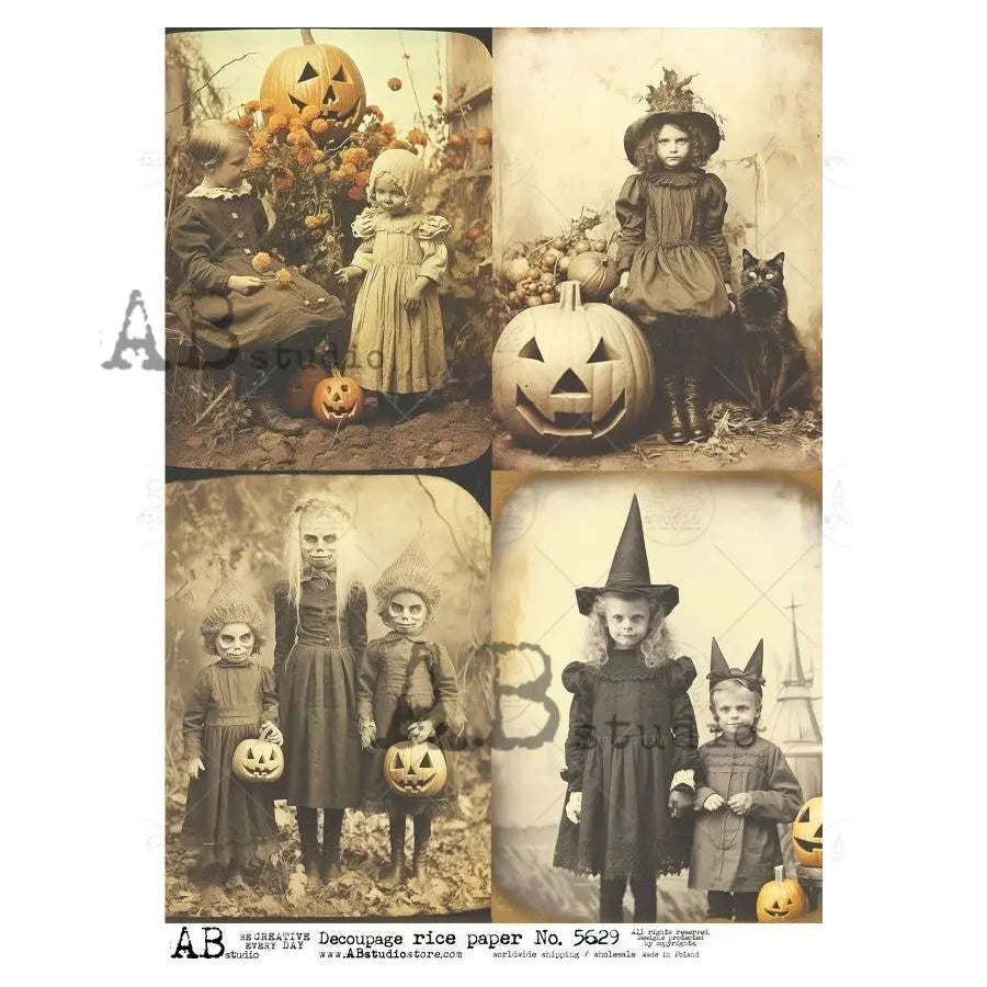 AB Studio, Rice Paper, Halloween, Vintage Style Costumes, Pumpkins, Portraits, Children, ID-5629 A4 8.27 x11.69, Mixed Media, Decoupage AB Studio