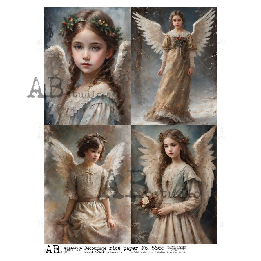 AB Studio, Rice Paper, Christmas, Vintage Style, Angels, Portraits, Girls, 4 Squares, ID-5669, A4 8.27 x11.69, Mixed Media, Decoupage