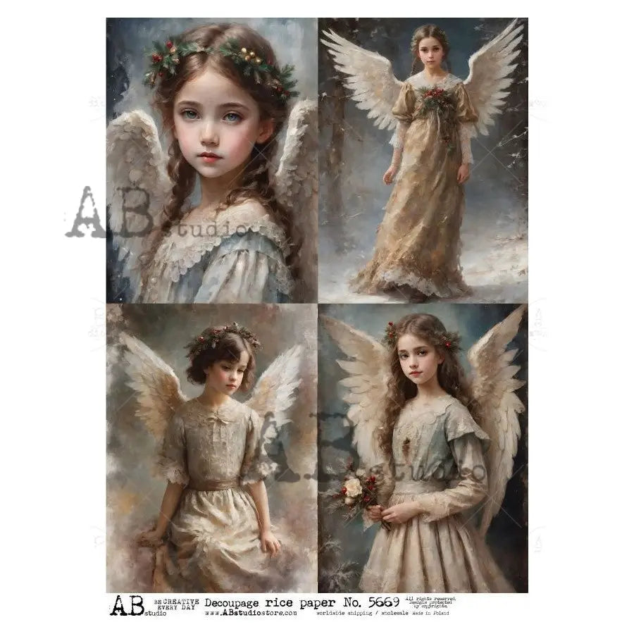AB Studio, Rice Paper, Christmas, Vintage Style, Angels, Portraits, Girls, 4 Squares, ID-5669, A4 8.27 x11.69, Mixed Media, Decoupage AB Studio