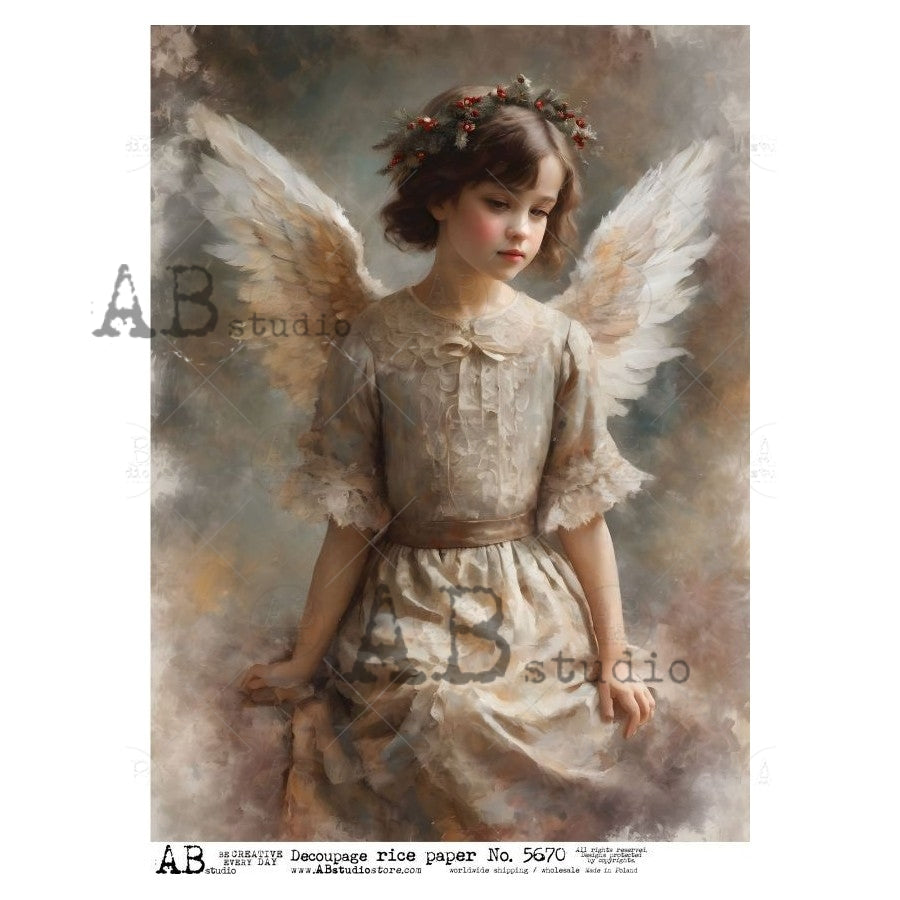 AB Studio, Rice Paper, Christmas, Vintage Style, Angel, Shabby Chic, ID-5670, A4, 8.27 x 11.69, Mixed Media, Decoupage, Imported Poland