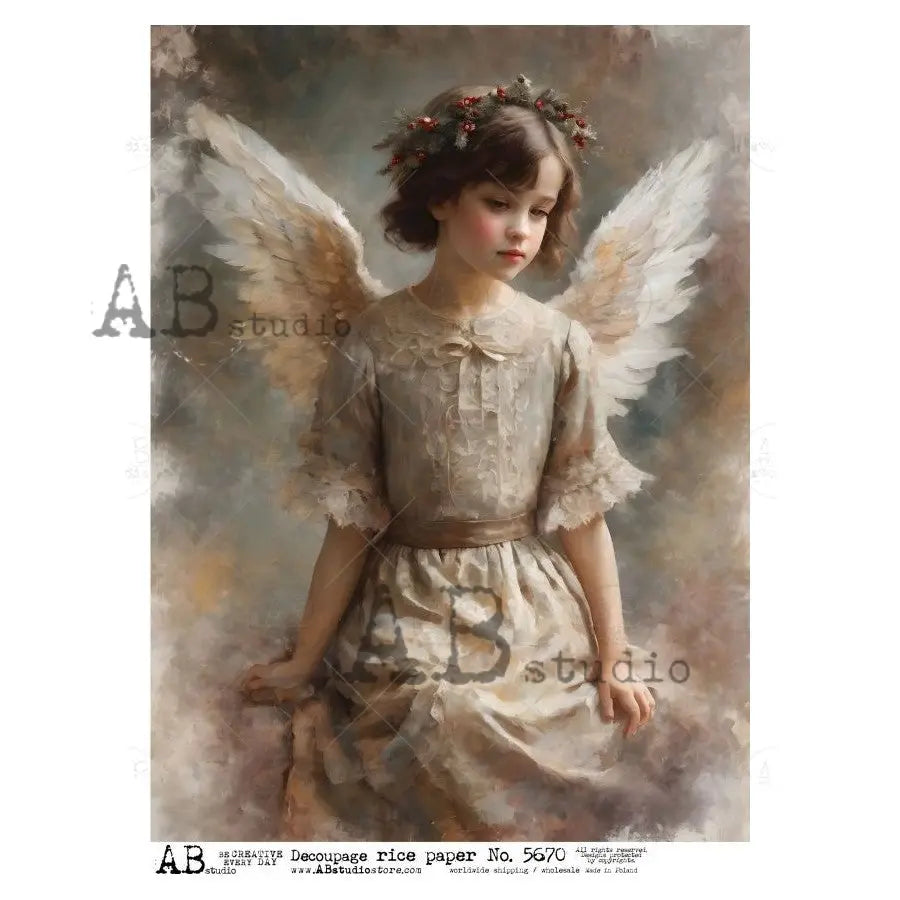 AB Studio, Rice Paper, Christmas, Vintage Style, Angel, Shabby Chic, ID-5670, A4, 8.27 x 11.69, Mixed Media, Decoupage, Imported Poland AB Studio