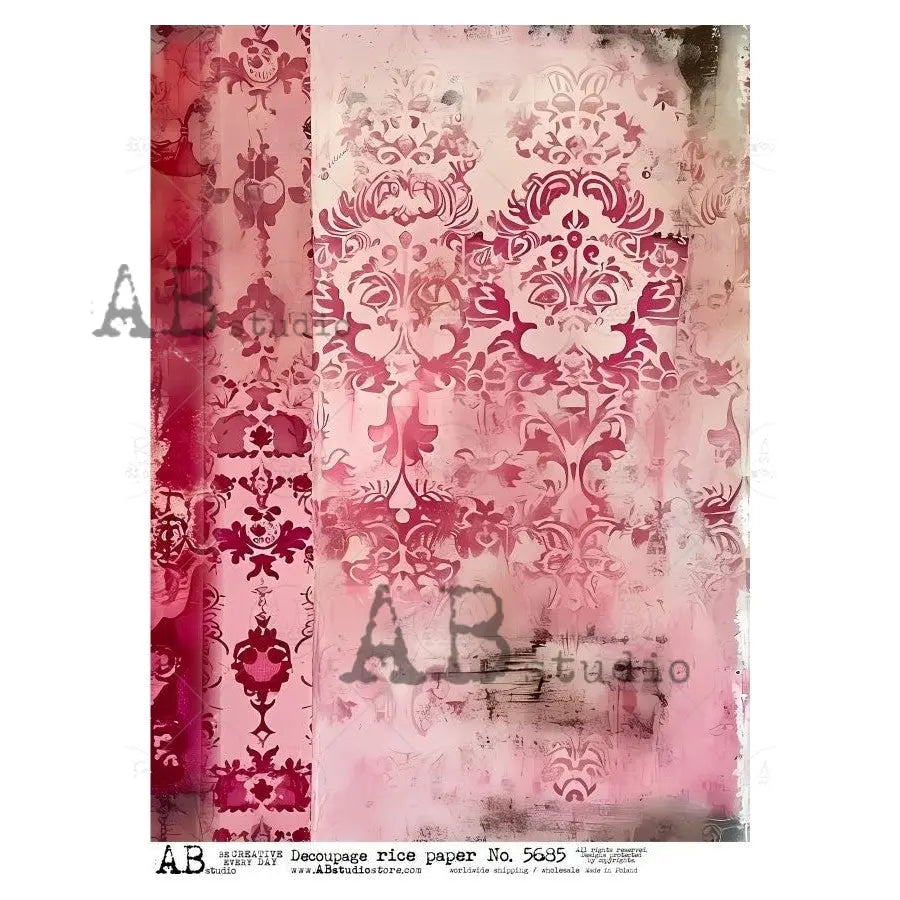 AB Studio, Rice Paper, Vintage Style, Pink, Damask, Wallpaper, Background, Shabby Chic, ID-5685 A4 8.27 x 11.69, Mixed Media, Decoupage AB Studio