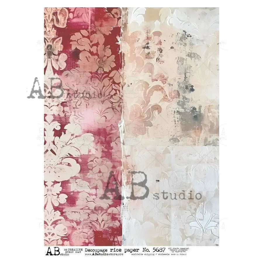 AB Studio, Rice Paper, Christmas, Vintage Style, Background, Pink, White, Damask, Wallpaper, ID-5687 A4 8.27 x11.69, Mixed Media, Decoupage AB Studio
