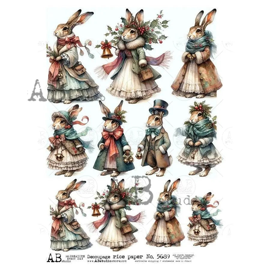 AB Studio, Rice Paper, Christmas, Rabbits, Vintage Style Dresses, Ornaments, A4, 8.27 x 11.69, Mixed Media, Decoupage, ID-5689 AB Studio