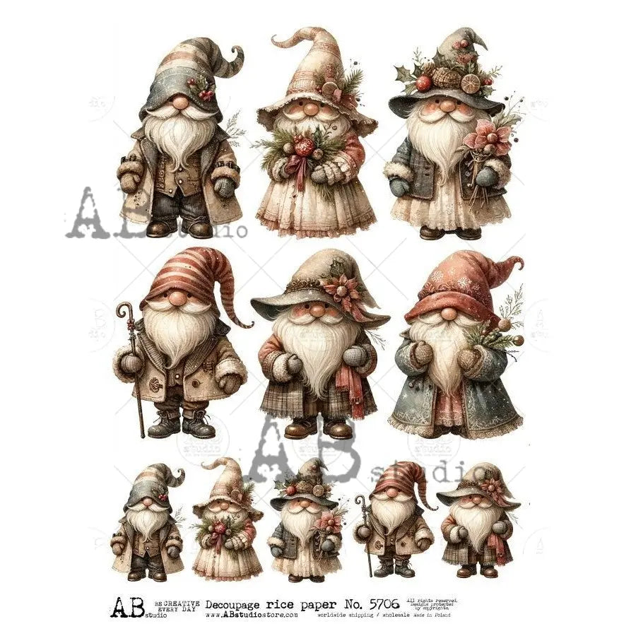 AB Studio, Rice Paper, Christmas, Elves, Gnomes, Vintage Style, Ornaments, A4, 8.27 x 11.69, Mixed Media, Decoupage, ID-5706 AB Studio