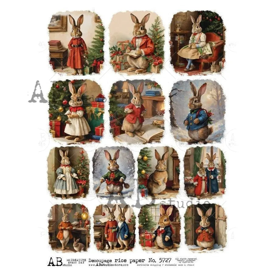 AB Studio, Rice Paper, Christmas, Rabbits, Squares, Vintage Style, Ornaments, A4, 8.27 x 11.69, Mixed Media, Decoupage, ID-5727 AB Studio