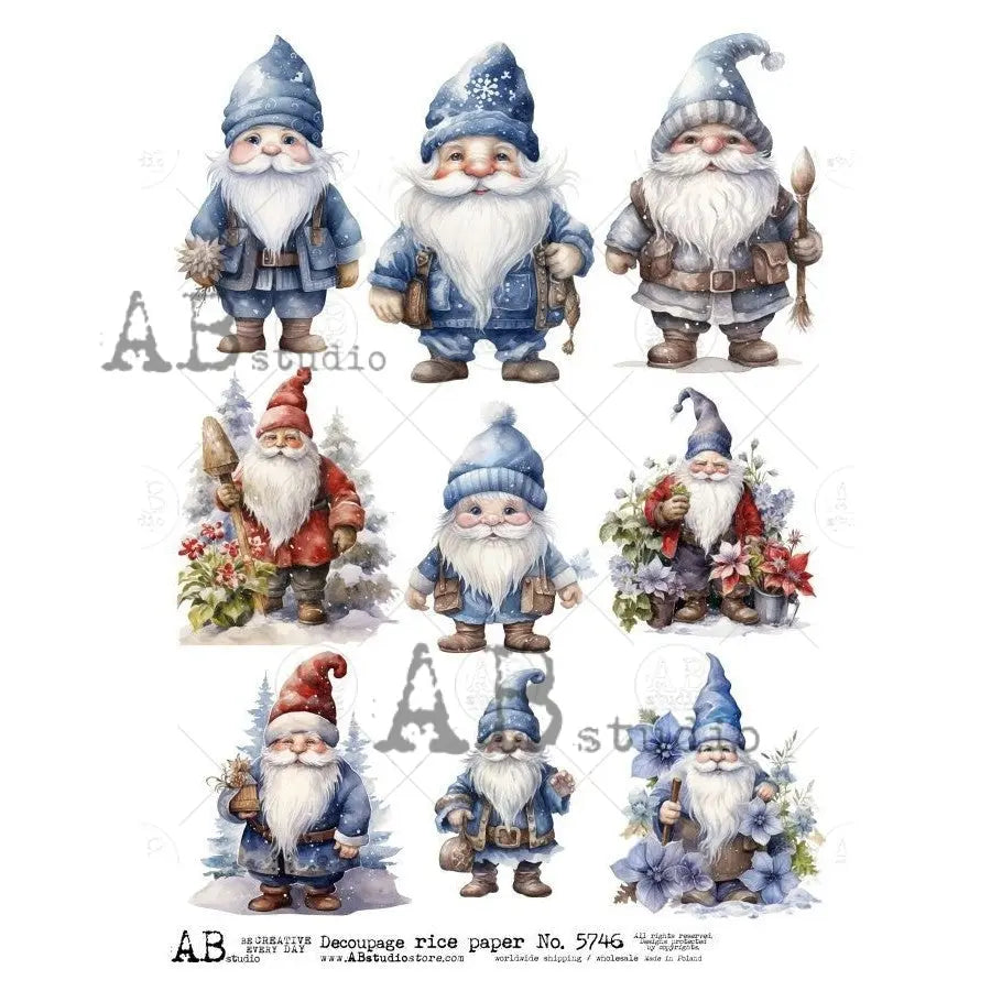 AB Studio, Rice Paper, Christmas, Santa, Gnomes, Ornaments, A4, 8.27 x 11.69, Mixed Media, Decoupage, Imported Poland ID-5746 AB Studio