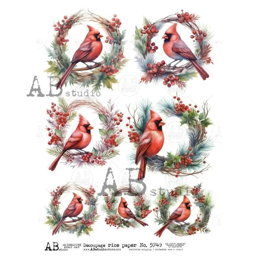 AB Studio, Rice Paper, Christmas, Cardinal, Wreaths, Rounds, Ornaments, A4, 8.27 x 11.69, Mixed Media, Decoupage, Imported Poland ID-5749 AB Studio