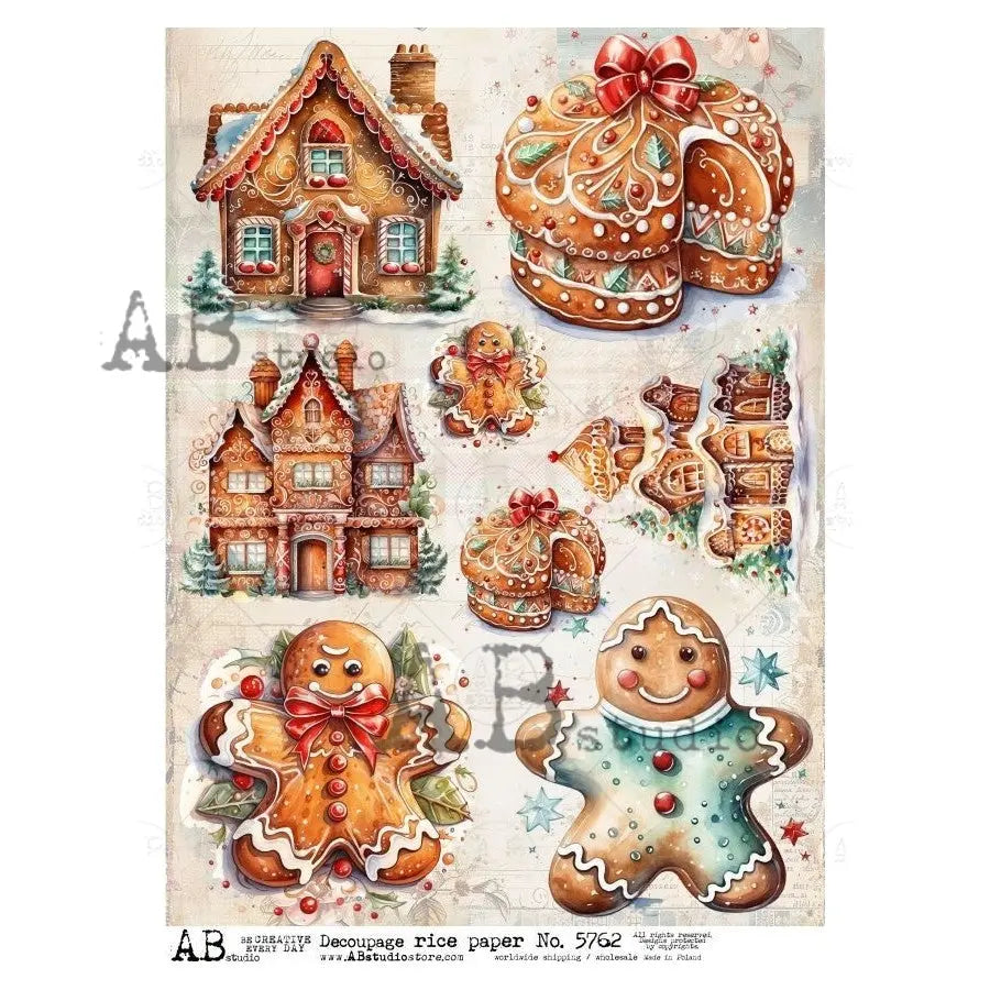 AB Studio, Rice Paper, Christmas, Gingerbread Man, House, Cake , A4, 8.27 x 11.69, Mixed Media, Decoupage, Imported Poland ID-5762 AB Studio