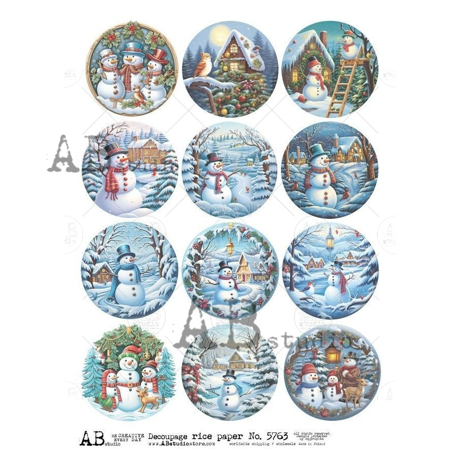 AB Studio, Rice Paper, Christmas, Snowman, Rounds, Ornaments, A4, 8.27 x 11.69, Mixed Media, Decoupage, Imported Poland ID-5763