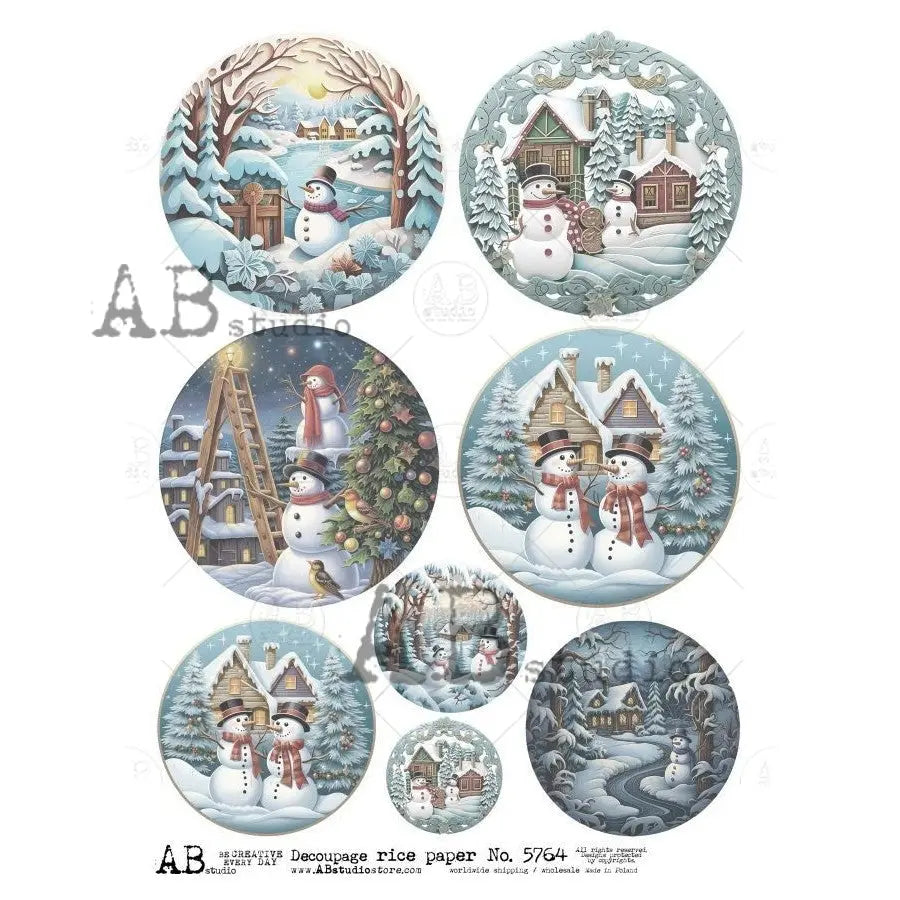 AB Studio, Rice Paper, Christmas, Snowman, Rounds, Ornaments, A4, 8.27 x 11.69, Mixed Media, Decoupage, Imported Poland ID-5764 AB Studio