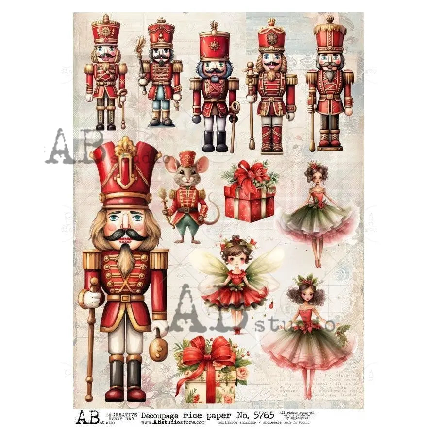AB Studio, Rice Paper, Christmas, Nutcracker, Ballerina, Ballet, Gifts, Mouse, A4, 8.27 x 11.69, Mixed Media, Decoupage, Imported ID-5765 AB Studio