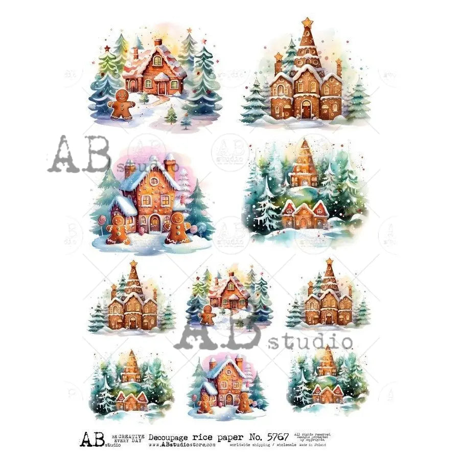AB Studio, Rice Paper, Christmas, Ginger Bread Houses, Village, A4, 8.27 x 11.69, Mixed Media, Decoupage, Imported Poland ID-5767 AB Studio