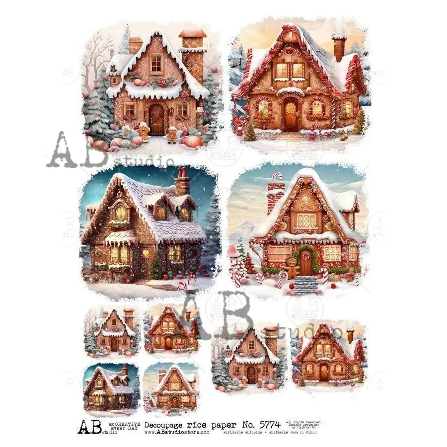 AB Studio, Rice Paper, Christmas, Ginger Bread Houses, Squares, A4, 8.27 x 11.69, Mixed Media, Decoupage, Imported Poland ID-5774 AB Studio