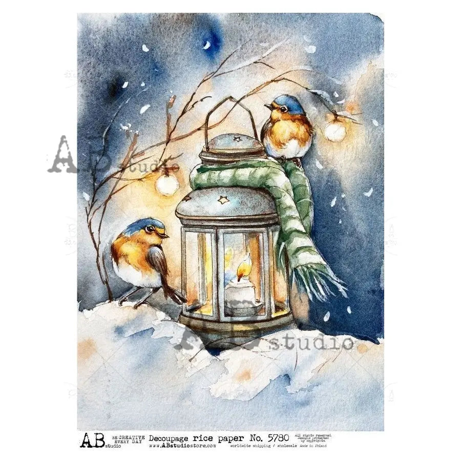 AB Studio, Rice Paper, Christmas, Lantern, Birds, Winter, Snow Scene, A4, 8.27 x 11.69, Mixed Media, Decoupage, Imported Poland ID-5780 AB Studio