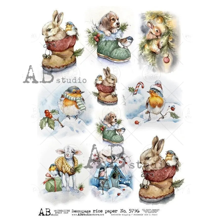 AB Studio, Rice Paper, Christmas, Animals, Ornaments, Bunny, Puppy, Birds, A4, 8.27 x 11.69, Mixed Media, Decoupage, Imported Poland ID-5796 AB Studio