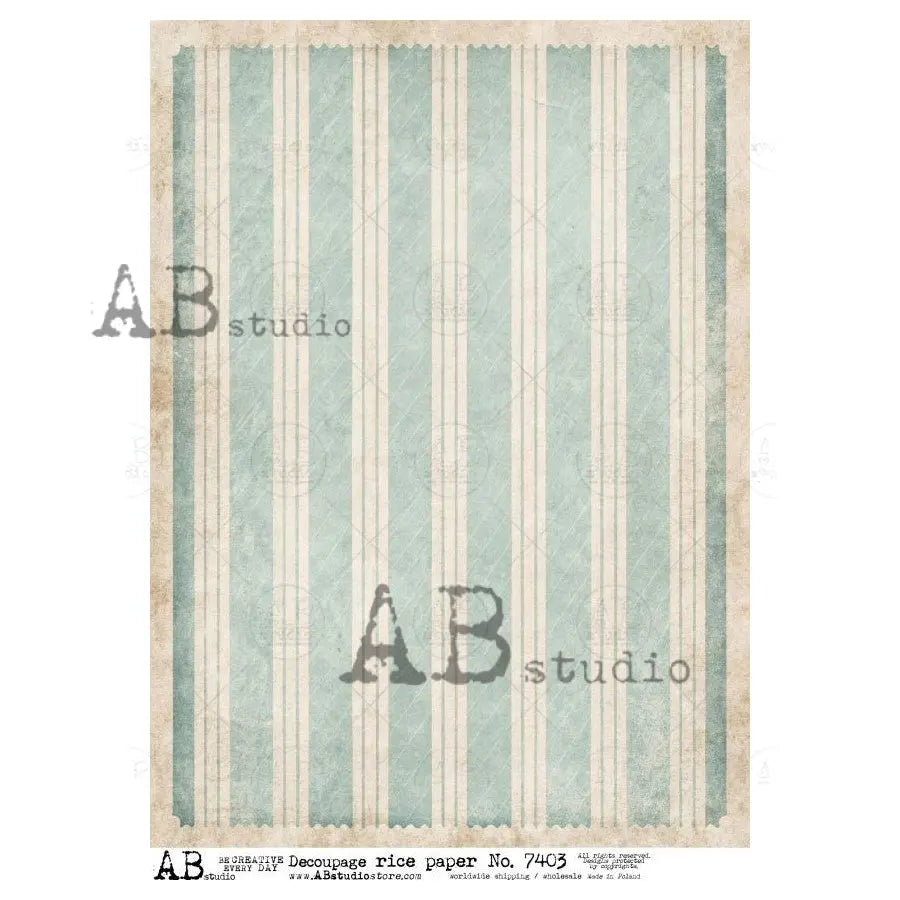 AB Studio, Rice Paper, Blue and White Stripes, Background, Shabby Chic, Antique Style, A4 8.27 x11.6, Mixed Media, Decoupage, 7403 AB Studio