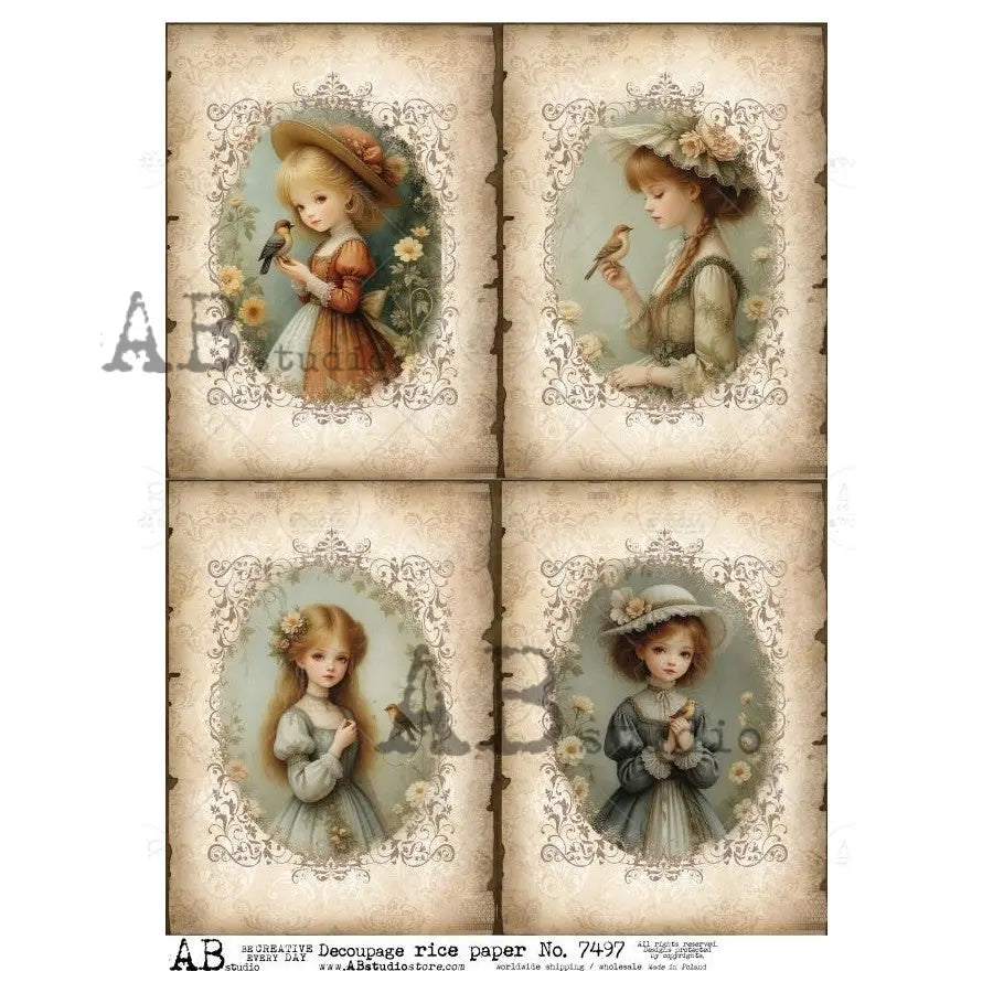 AB Studio, Rice Paper, Vintage Style, Girls, Birds, Flowers, Squares, Shabby Chic, A4 8.27 x11.6, Mixed Media, Decoupage, 7497 AB Studio