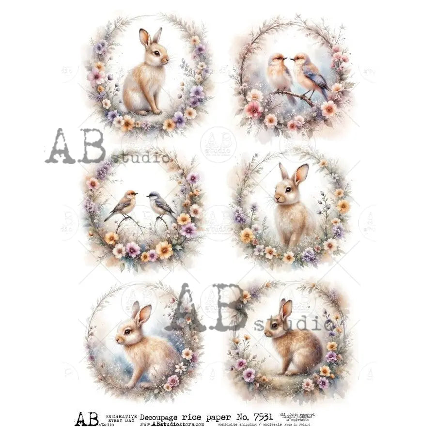 AB Studio, Rice Paper, Spring, Floral Wreath Rounds, Bunnies, Rabbits, Shabby Chic, A4 8.27 x11.6, Mixed Media, Decoupage, 7531 AB Studio