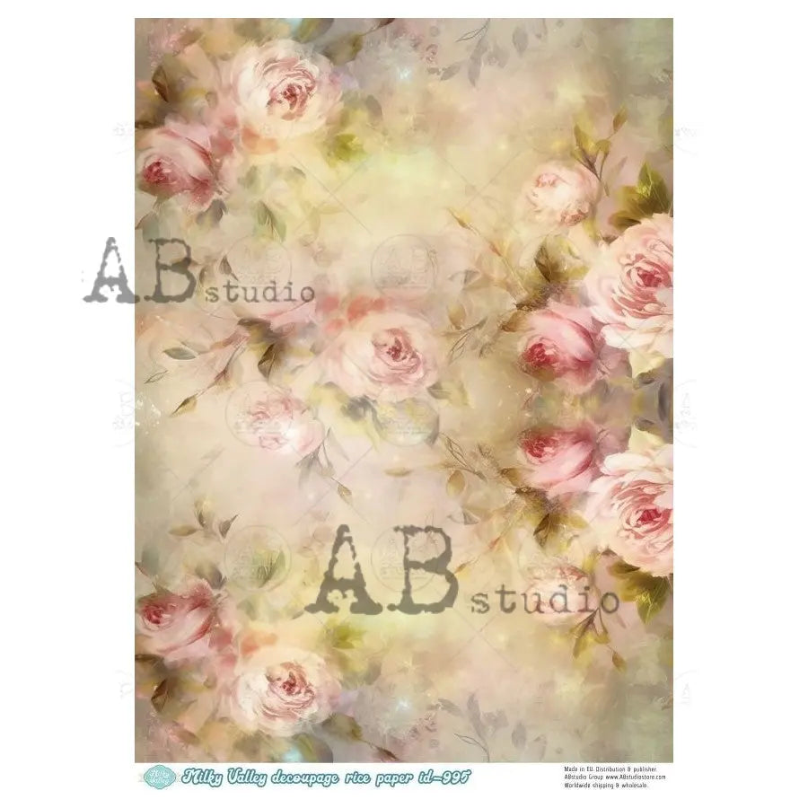 AB Studio, Rice Paper, Vintage Style, Pink Roses, Background, Shabby Chic, Milky Valley, ID-995, A4 8.27 X 11.69, Decoupage, Mixed Media AB Studio